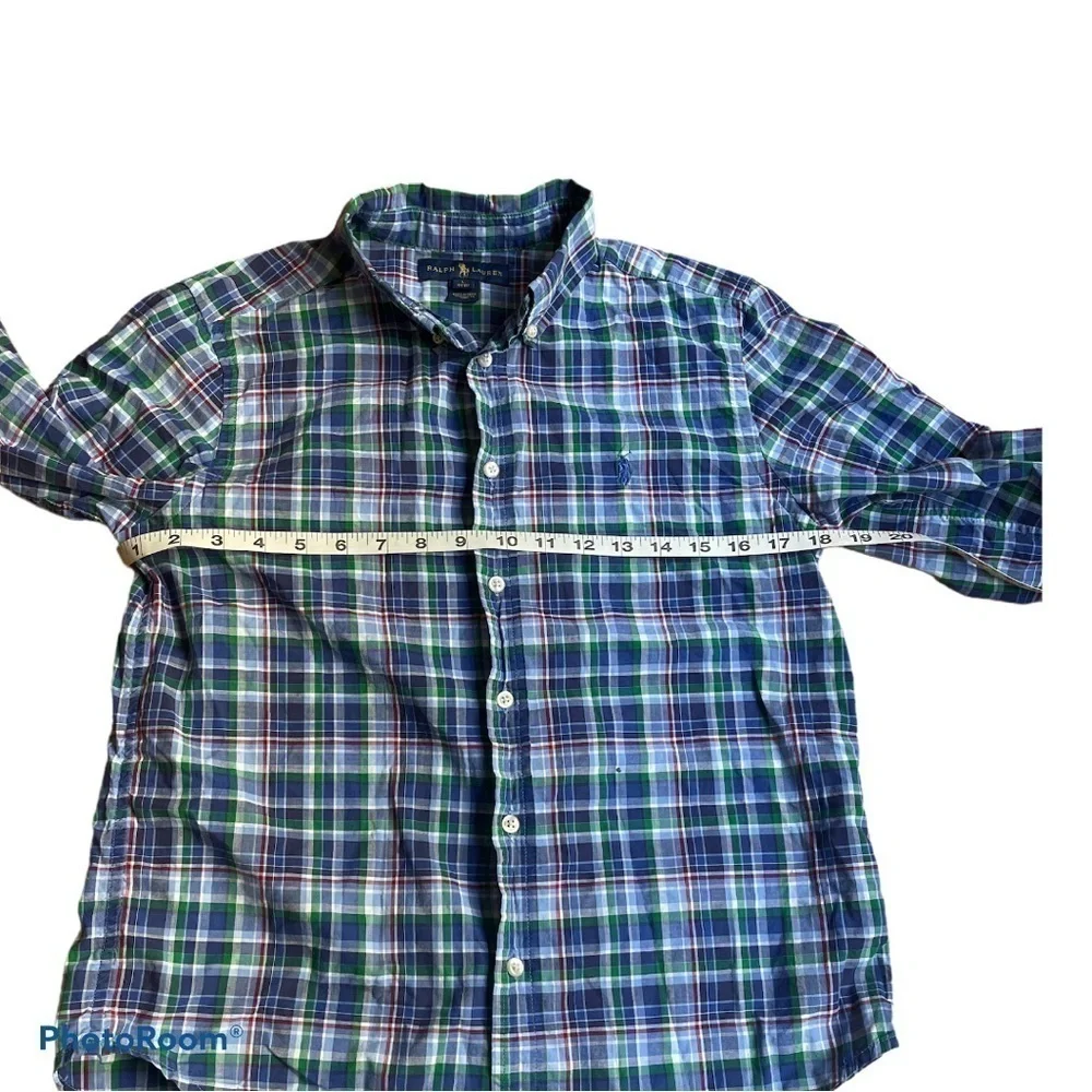 Ralph Lauren Boys Blue Green Plaid Button Down Shirt Size L 14–16 Preppy